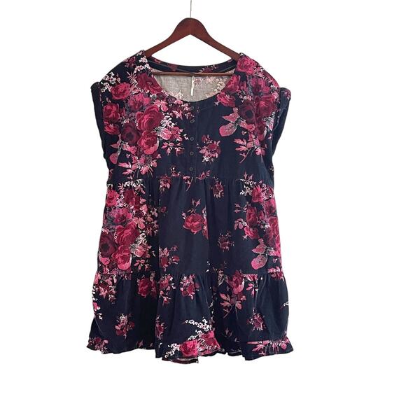 Free People Harper Floral Mini Dress Black Pink Rose Print Tiered Sz Large NWT - Picture 2 of 8